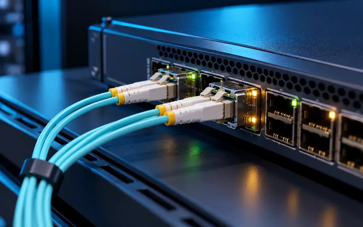 Illustration of fiber-optic LC cables connected to switch SFP uplink modules