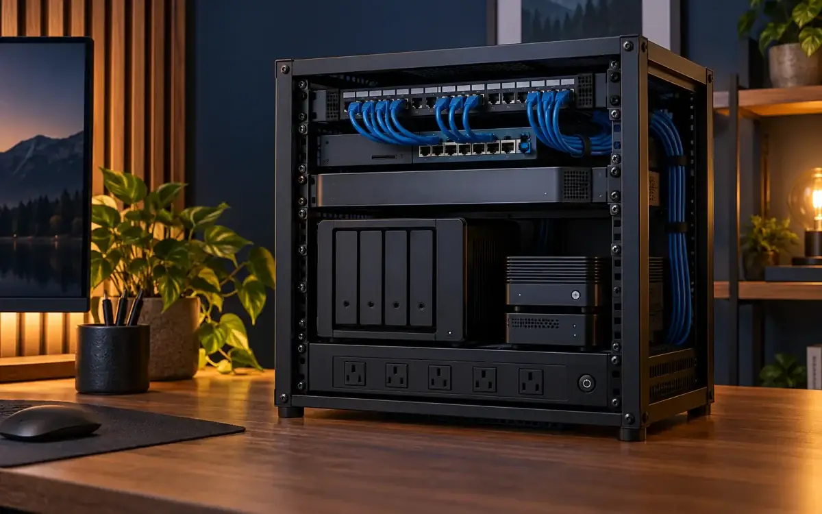 Illustrative small-office mini rack with NAS, gateway, switch and compact server