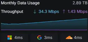 Actual gateway dashboard showing 2.89 TB monthly data usage, instantaneous throughput and latency readings