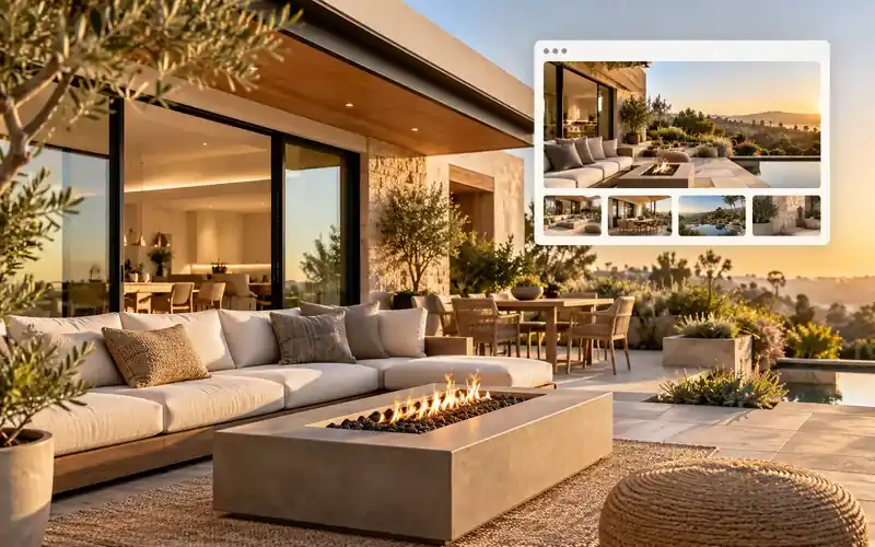 Illustration: A high-end contractor portfolio illustration: contemporary California patio renovation in golden afternoon light