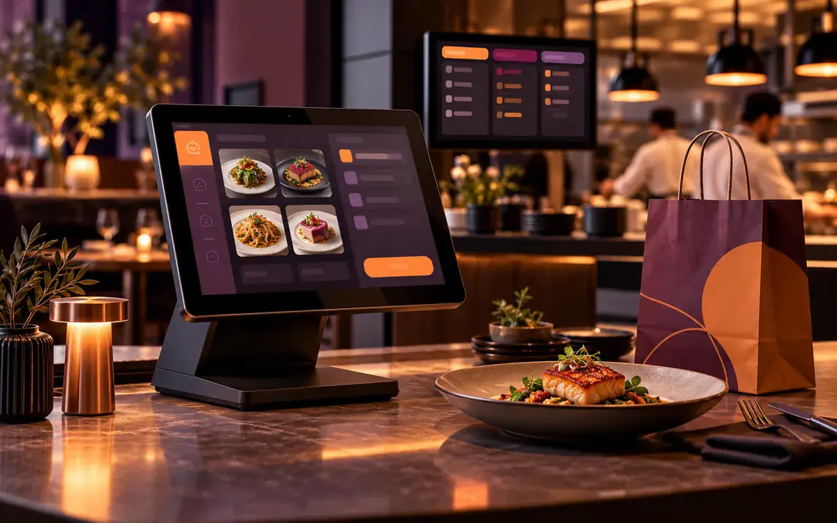 Illustration: A premium restaurant software illustration with upright touch POS