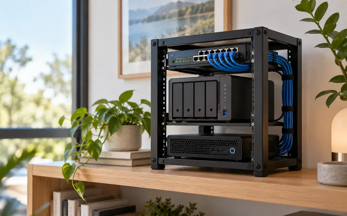 Illustration: A small black open-frame home networking mini rack on a light oak shelf