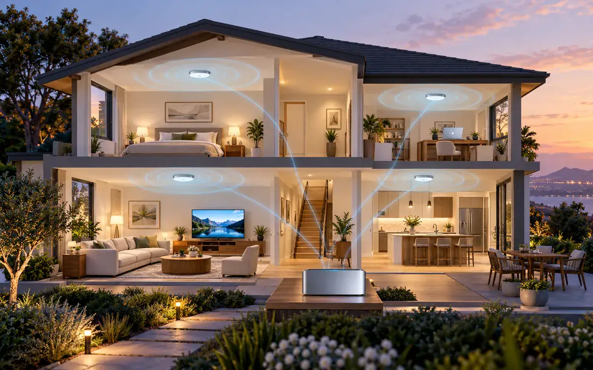 Illustration: An attractive cutaway home WiFi coverage illustration with two floors