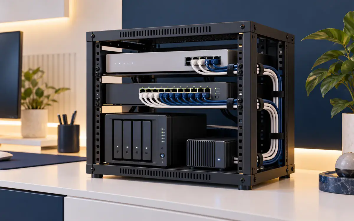 Illustration: A clean isometric product illustration of an open compact office networking rack with gateway