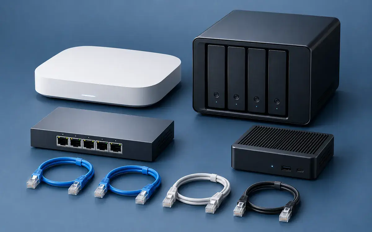 Illustration: A studio flat-lay arrangement of separate compact network components: white gateway
