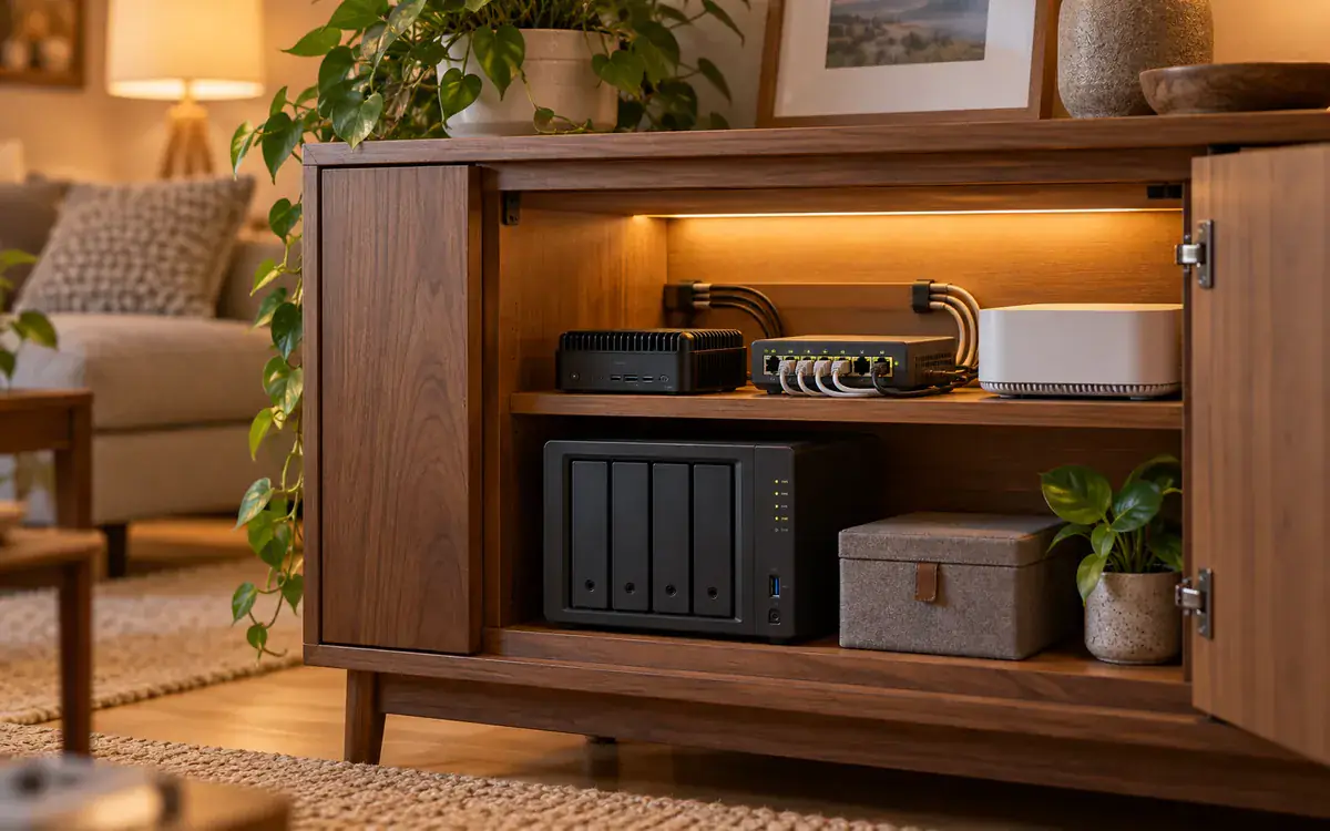 Illustration: A cozy home utility cabinet with compact NAS storage