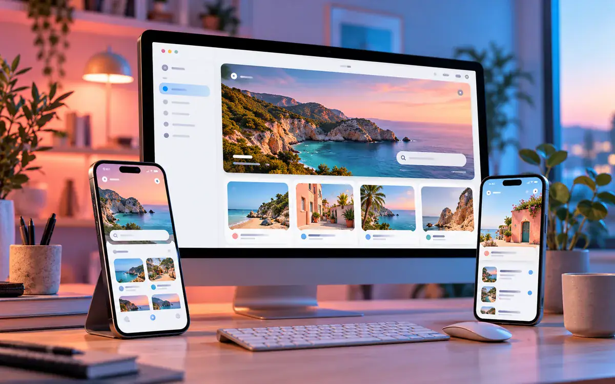 Illustration: A developer workstation with desktop browser and two mobile phones showing coordinated colorful fictional app interfaces