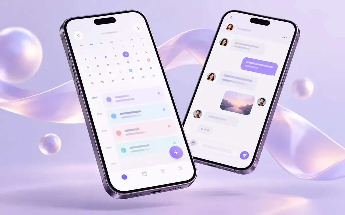 Illustration: A closeup of two smartphones floating over a pale lavender background with elegant calendar and messaging app interfaces
