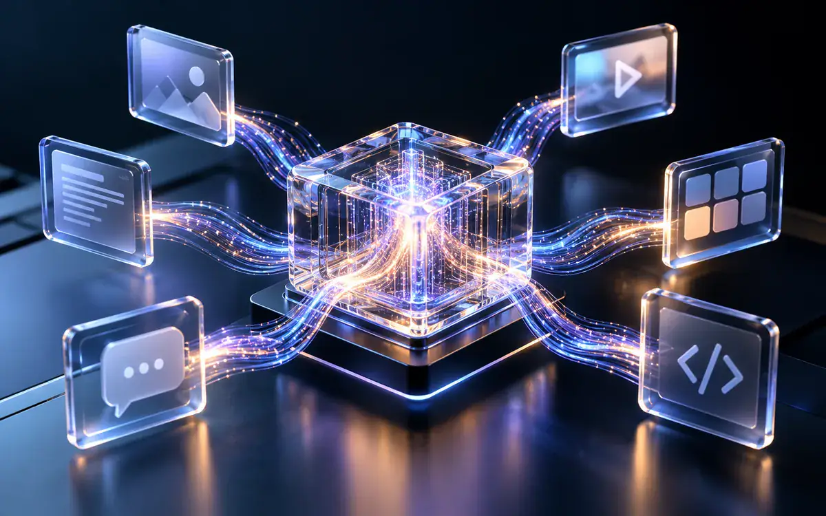 Illustration: An abstract glass AI processor connecting luminous data threads to software modules in a sophisticated midnight studio