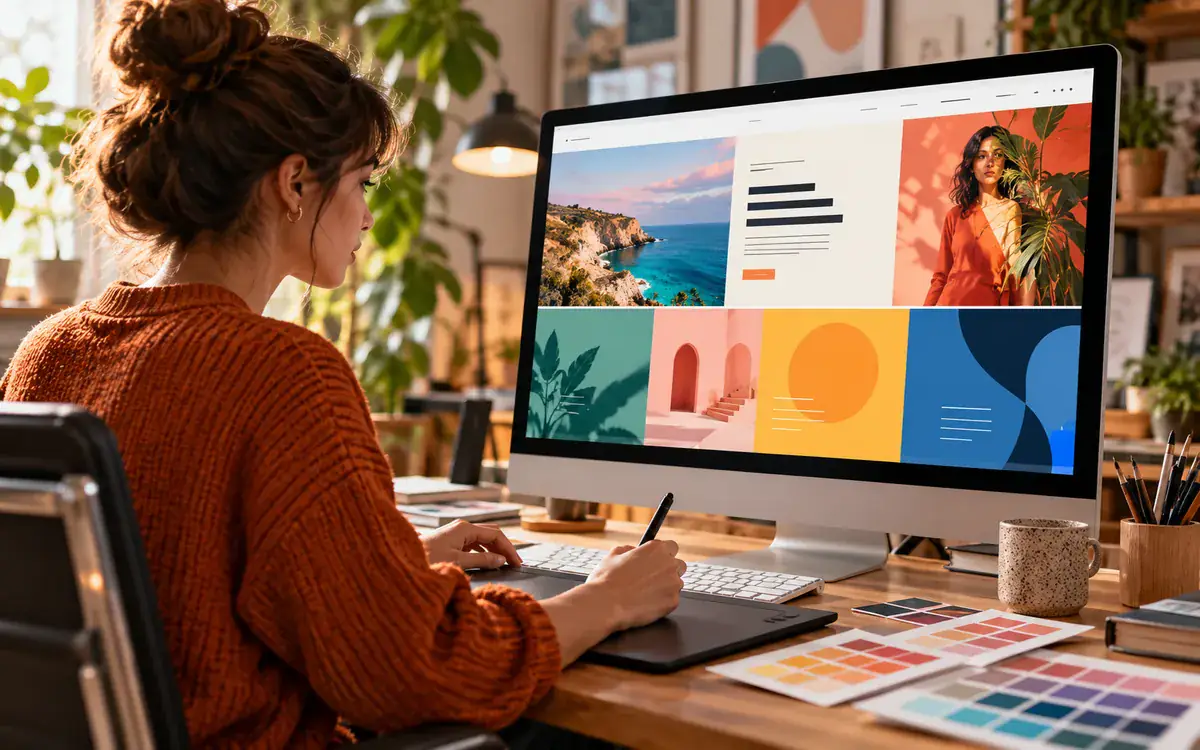 Illustration: A designer editing a website on a wide desktop monitor