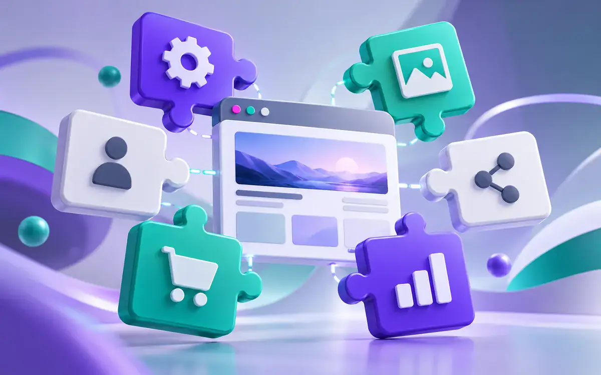 Illustration: An exploded 3D collection of interlocking plugin puzzle modules around a small website browser panel