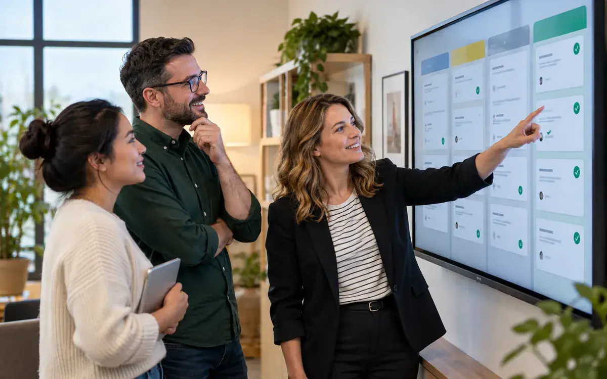 Illustration: A supervisor and two staff members reviewing completed tasks on a wall-mounted digital task board in a small office