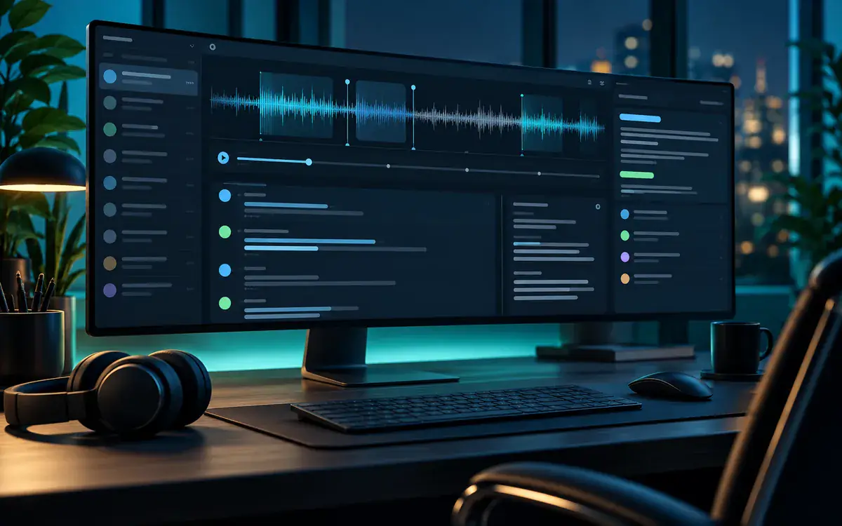 Illustration: An elegant fictional call-review application on an ultrawide monitor with waveform