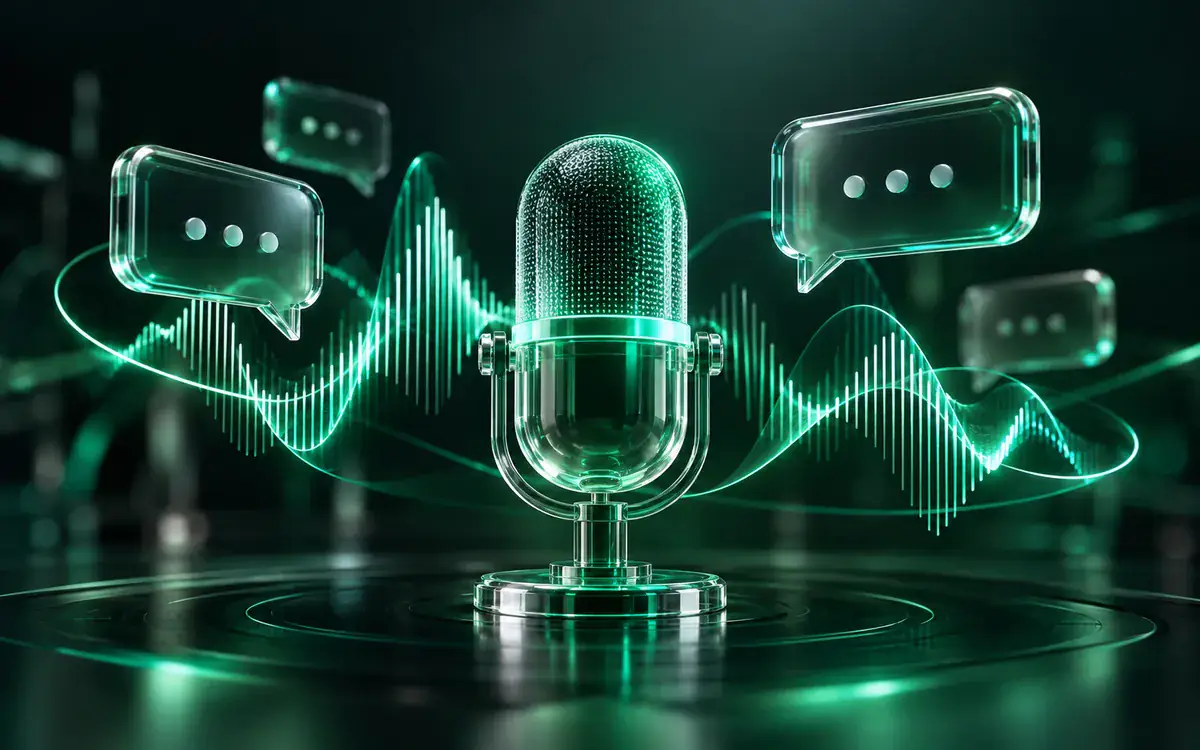 Illustration: A dramatic 3D translucent microphone surrounded by an audio waveform and glass conversation bubbles
