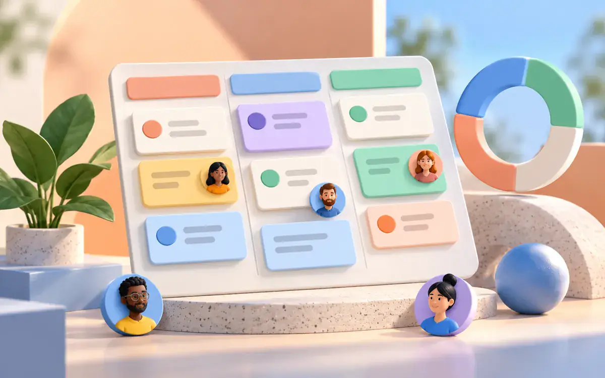 Illustration: A sculptural 3D arrangement of colorful task tiles on a tilted kanban board