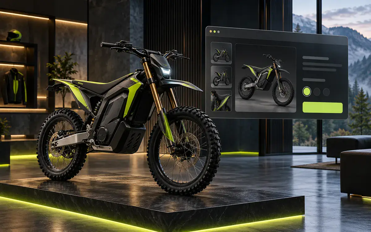 Illustration: An electric off-road motorcycle in a refined showroom with a subtle floating ecommerce browser panel alongside