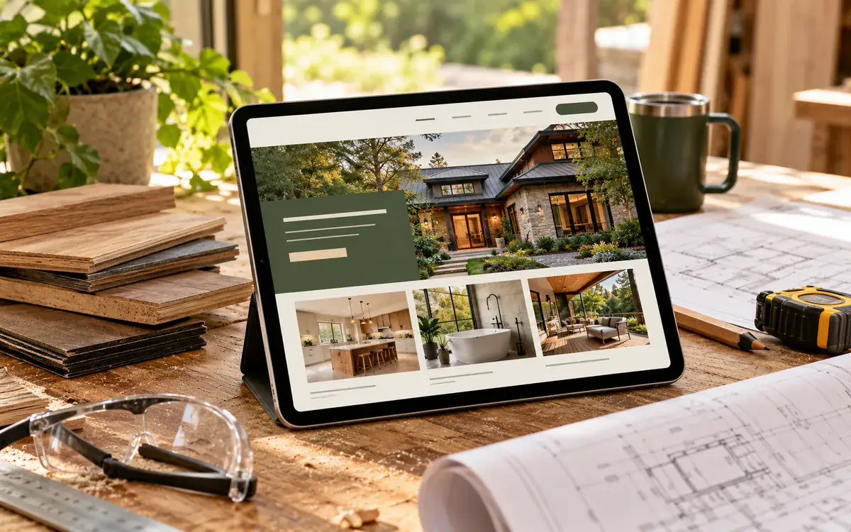 Illustration: A modern contractor website displayed on a tablet resting on a workbench with wood samples