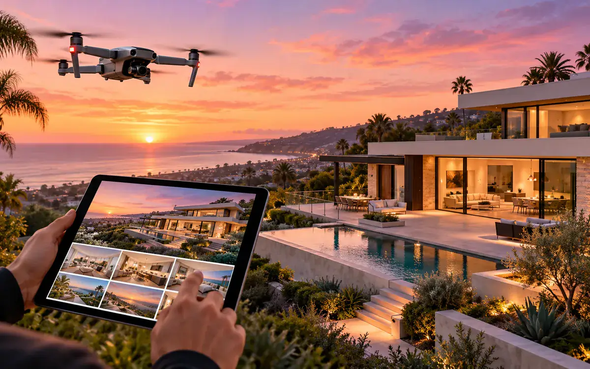 Illustration: An editorial real-estate media marketing graphic with contemporary California home exterior