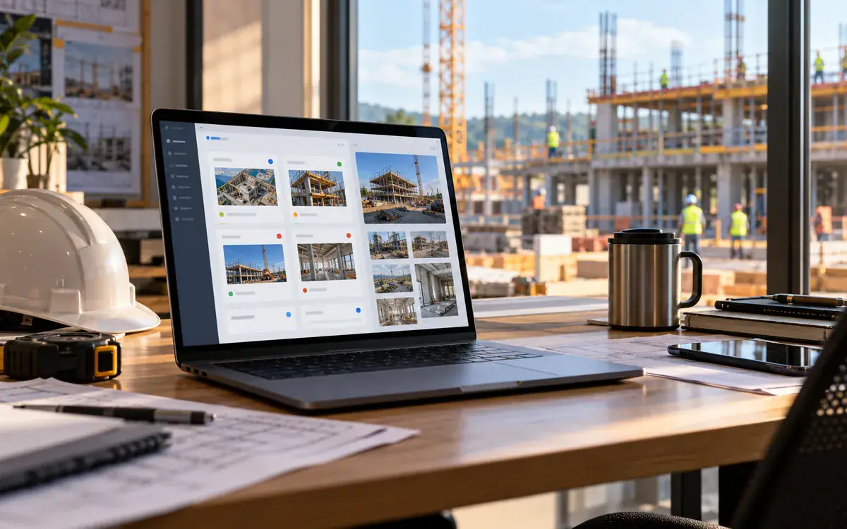 Illustration: A construction manager's laptop at a site office desk