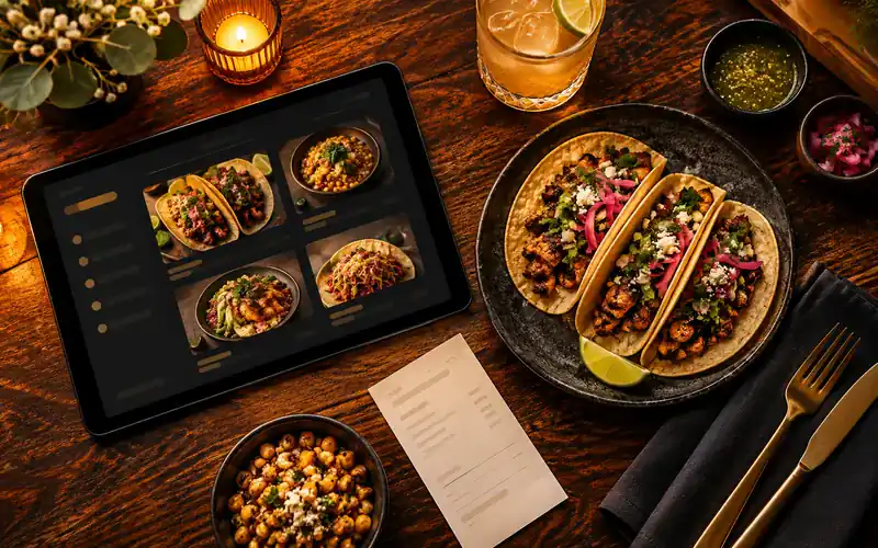 Illustration: A stylish overhead restaurant technology still life with touchscreen menu tablet