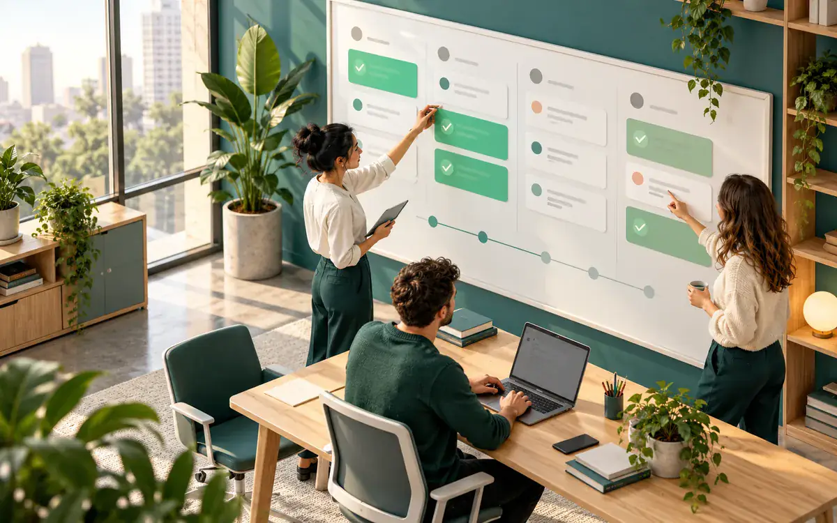 Illustration: An isometric contemporary office with three team members sharing a large task board