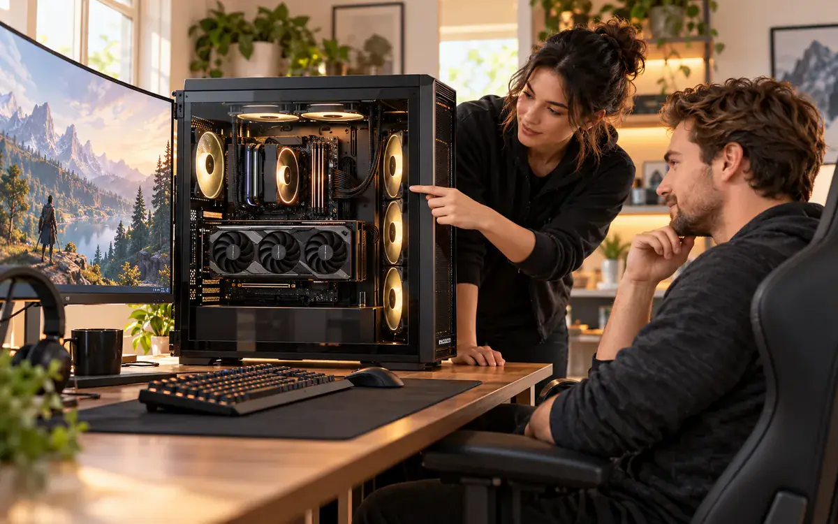 Illustration of a technician and gamer examining a full-size ATX tower
