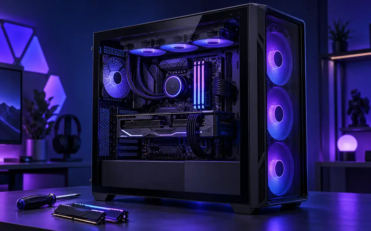 Illustration of a full-size ATX gaming PC with upgrade components