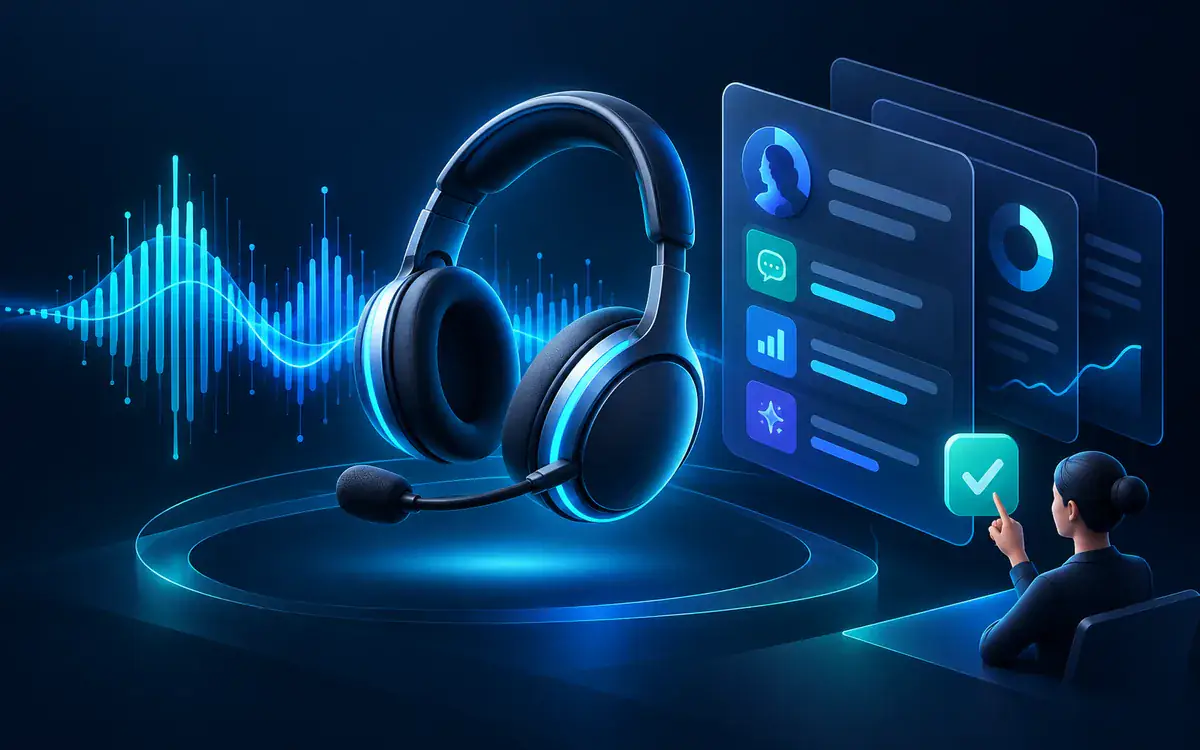 Concept illustration of an AI headset, audio waveform and review panels