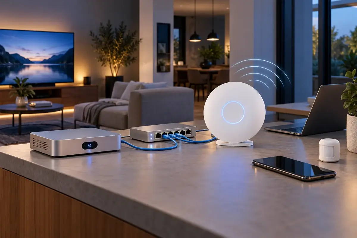 Illustrative UCG-style wired gateway, separate WiFi 7 access point, laptop, phone and home devices