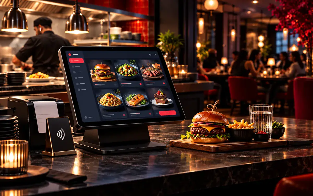 Illustration of a restaurant ordering terminal and NFC card with an earbud-wearing chef