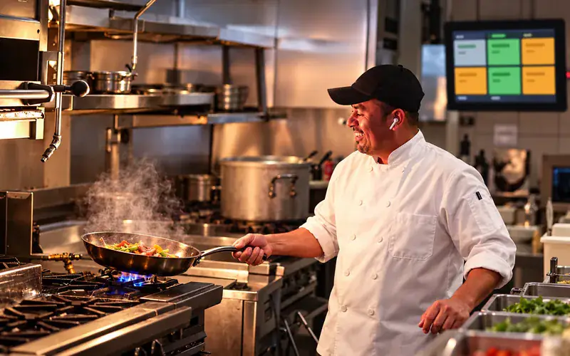 Illustration of a professional chef wearing a wireless earbud beside a kitchen display