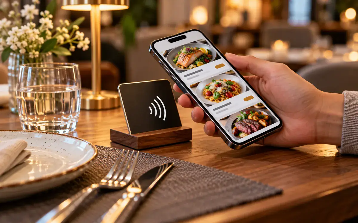 Illustration of a guest tapping a phone on an NFC restaurant table card