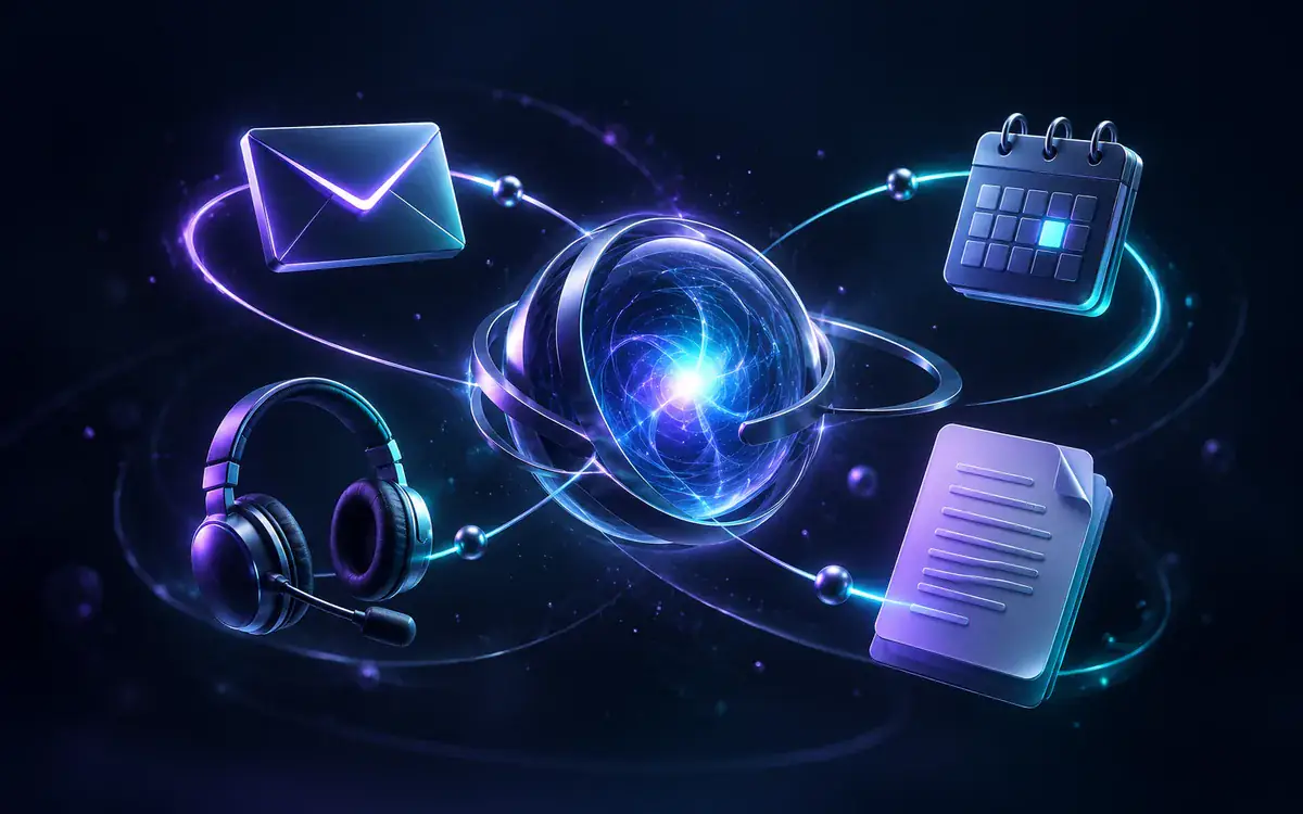 Illustration: AI automation core connecting communication scheduling and documents