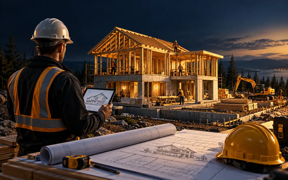 Illustration: Construction site illustration with supervisor tablet and project blueprints
