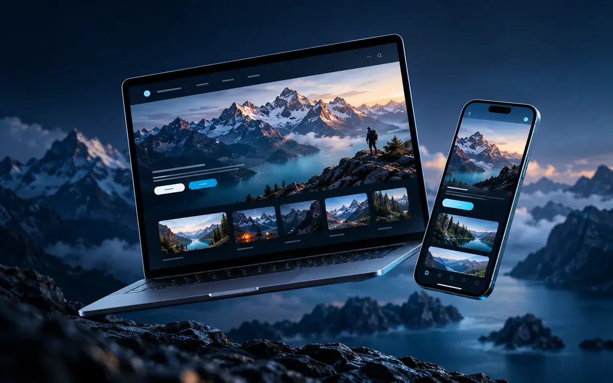 Illustration: Laptop and smartphone with coordinated website and app interfaces