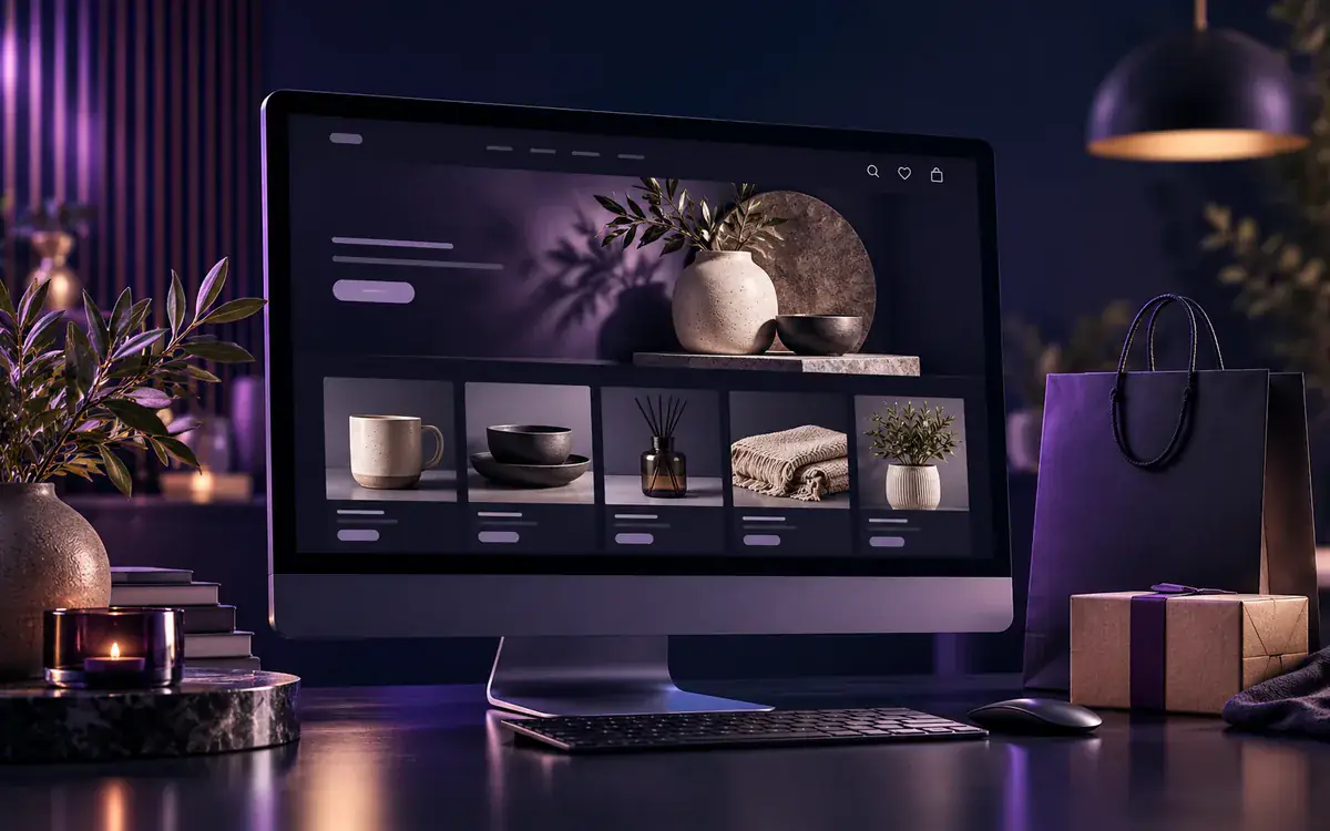 Illustration: Online store on a desktop display with products and shipping parcels
