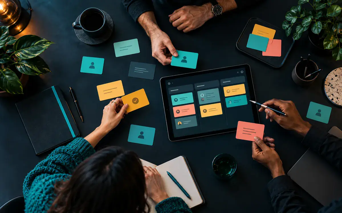 Illustration: Team planning desk with shared task cards and a tablet