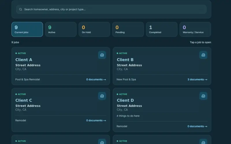 Construction management system dashboard — contractor job directory with project status, crews and document tracking
