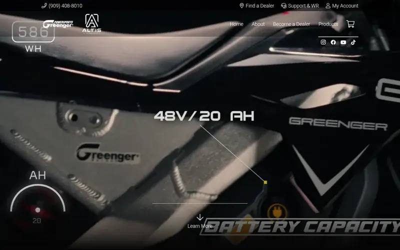 Greenger Powersports homepage — video hero showing an electric motorcycle with its battery capacity called out