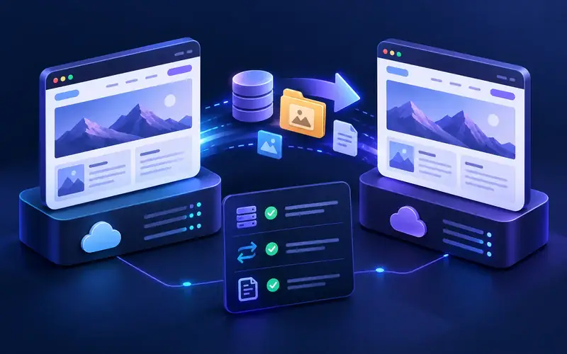 Illustrative WordPress website transfer with database, media and staging checks