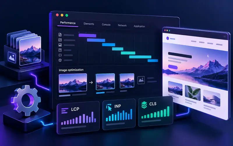 Illustrative website performance dashboard with LCP, INP and CLS indicators