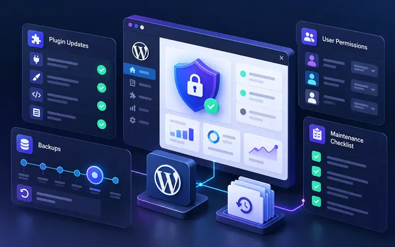 Illustrative WordPress maintenance checklist with updates, backups and access controls